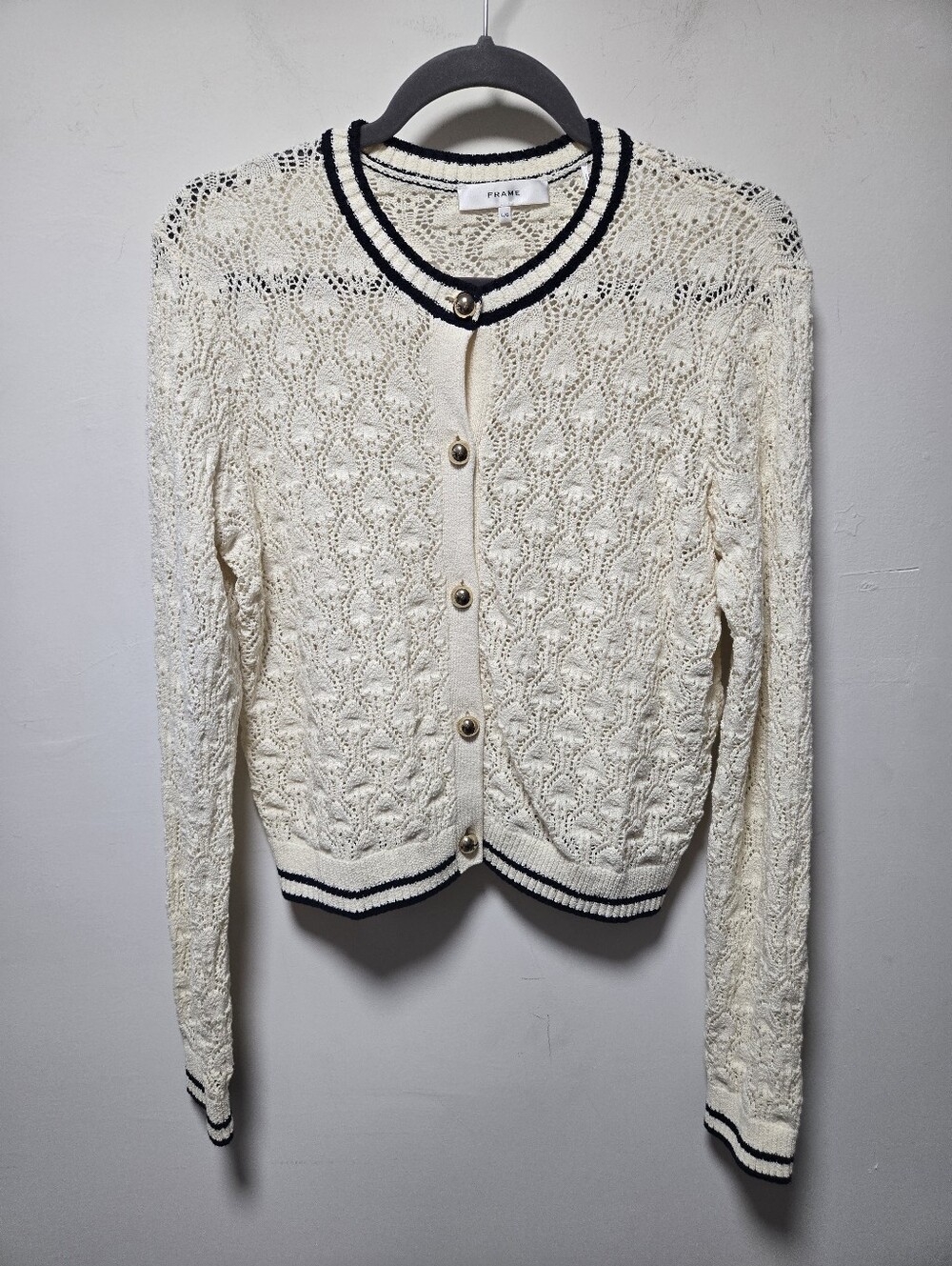 Frame The Rookie Cardigan Size Large Preppy Cream Multi Navy Old Money